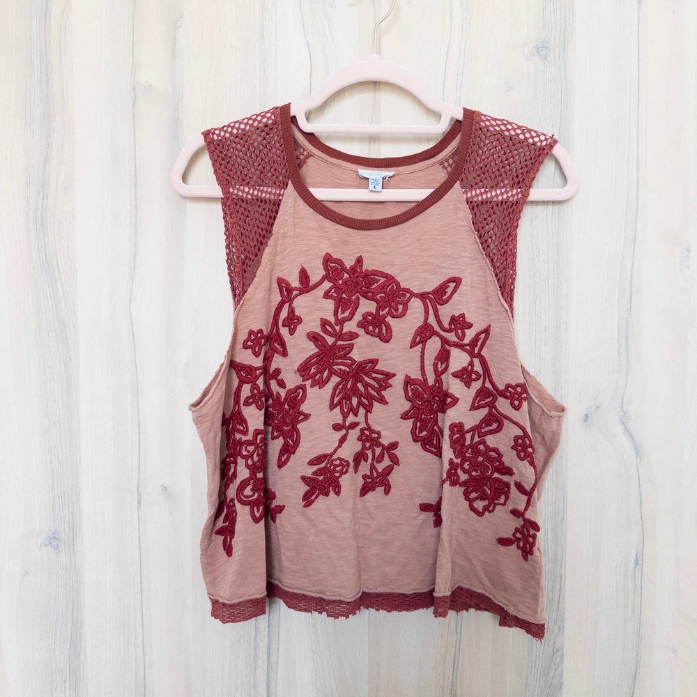Ecote Womens Embroidered Floral Top Large Pink Red Crochet Boho Cottage Romantic